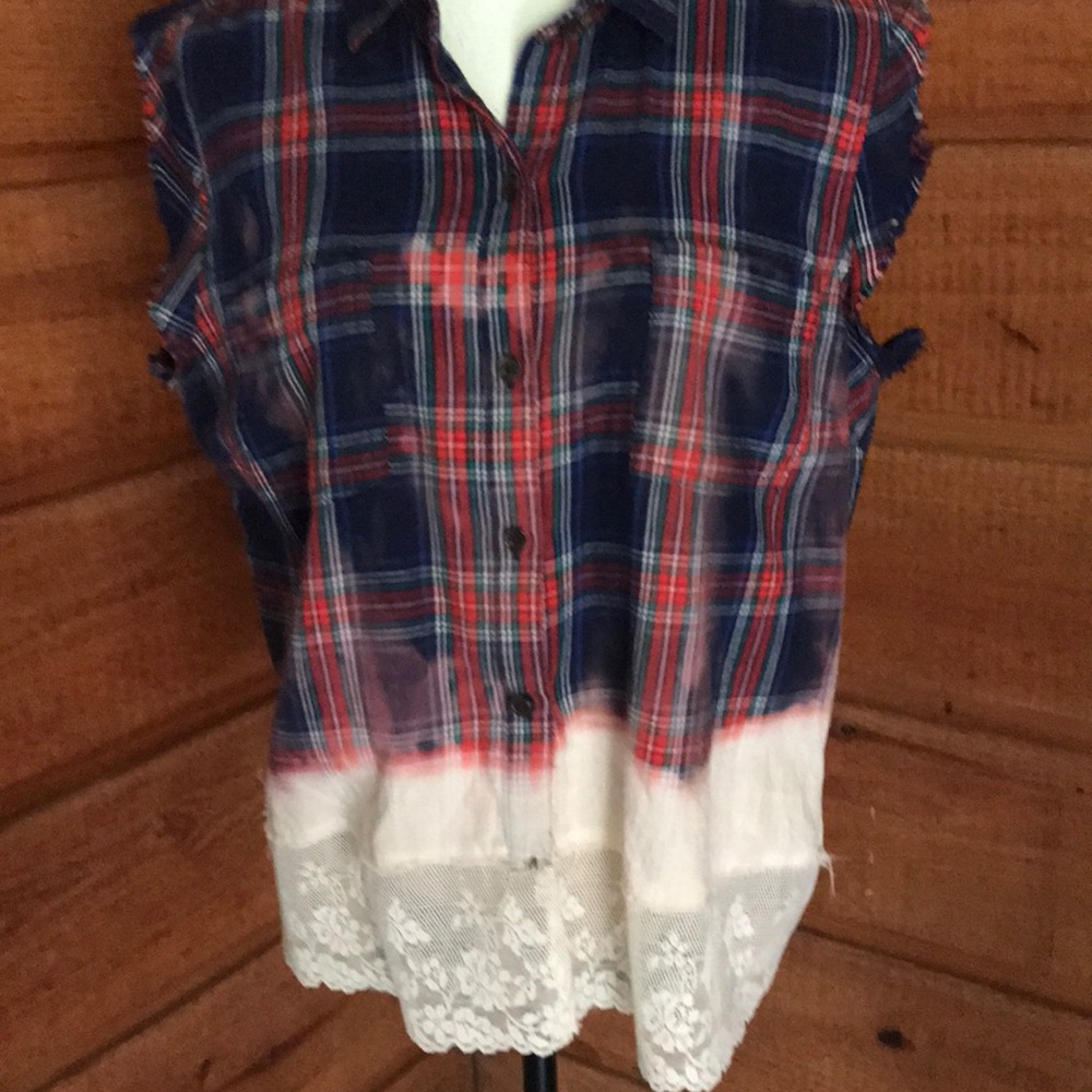 Old Navy upcycled plaid shirt with lace Size L